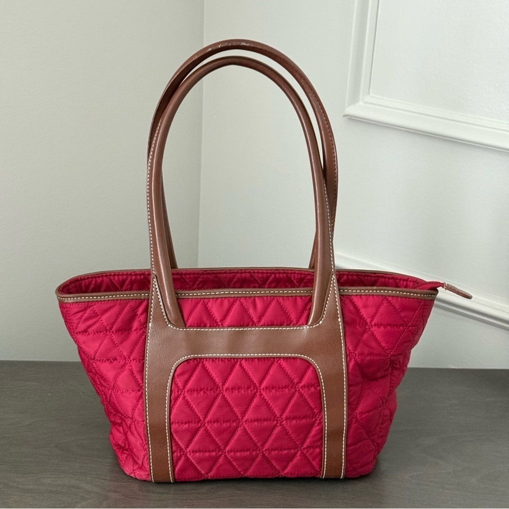 Ann Taylor LOFT Quilted Red and Brown Tote Handbag w/ Leather Straps